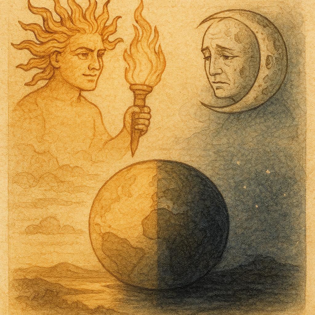 Parchment-style artwork of the Sun and Moon facing each other in the sky, Cherokee folktale scene.