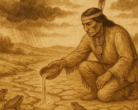 Parchment-style art of a Cherokee chief kneeling by a dry river as frogs and rain clouds return.