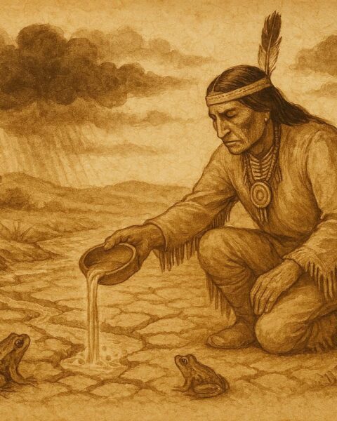 Parchment-style art of a Cherokee chief kneeling by a dry river as frogs and rain clouds return.