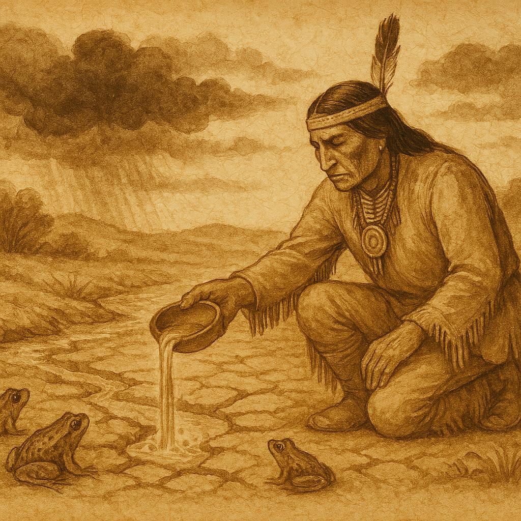 Parchment-style art of a Cherokee chief kneeling by a dry river as frogs and rain clouds return.