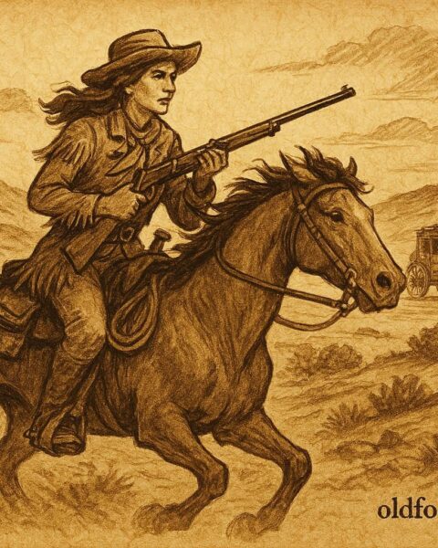 Parchment-style artwork of Calamity Jane riding the frontier, American West folktale scene.