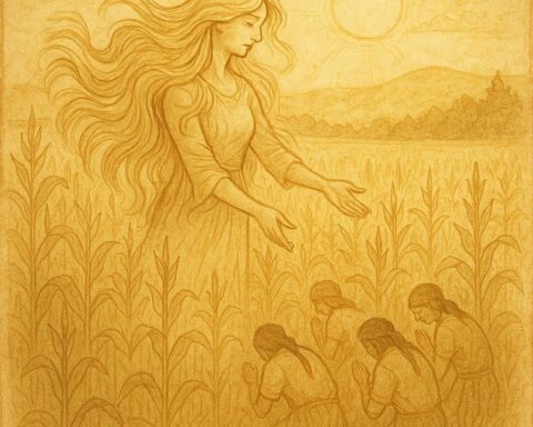 Parchment-style artwork of Selu, the Corn Mother, blessing a cornfield, Cherokee folktale scene.
