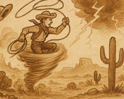 Parchment-style artwork of Pecos Bill riding a cyclone across the Texas plains, American folktale scene.