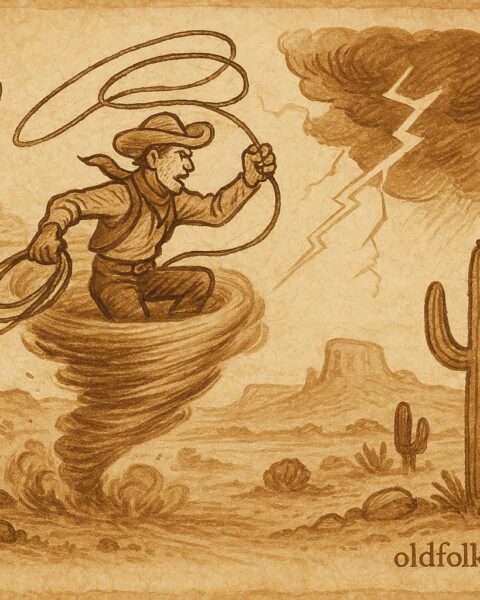 Parchment-style artwork of Pecos Bill riding a cyclone across the Texas plains, American folktale scene.