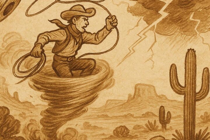 Parchment-style artwork of Pecos Bill riding a cyclone across the Texas plains, American folktale scene.