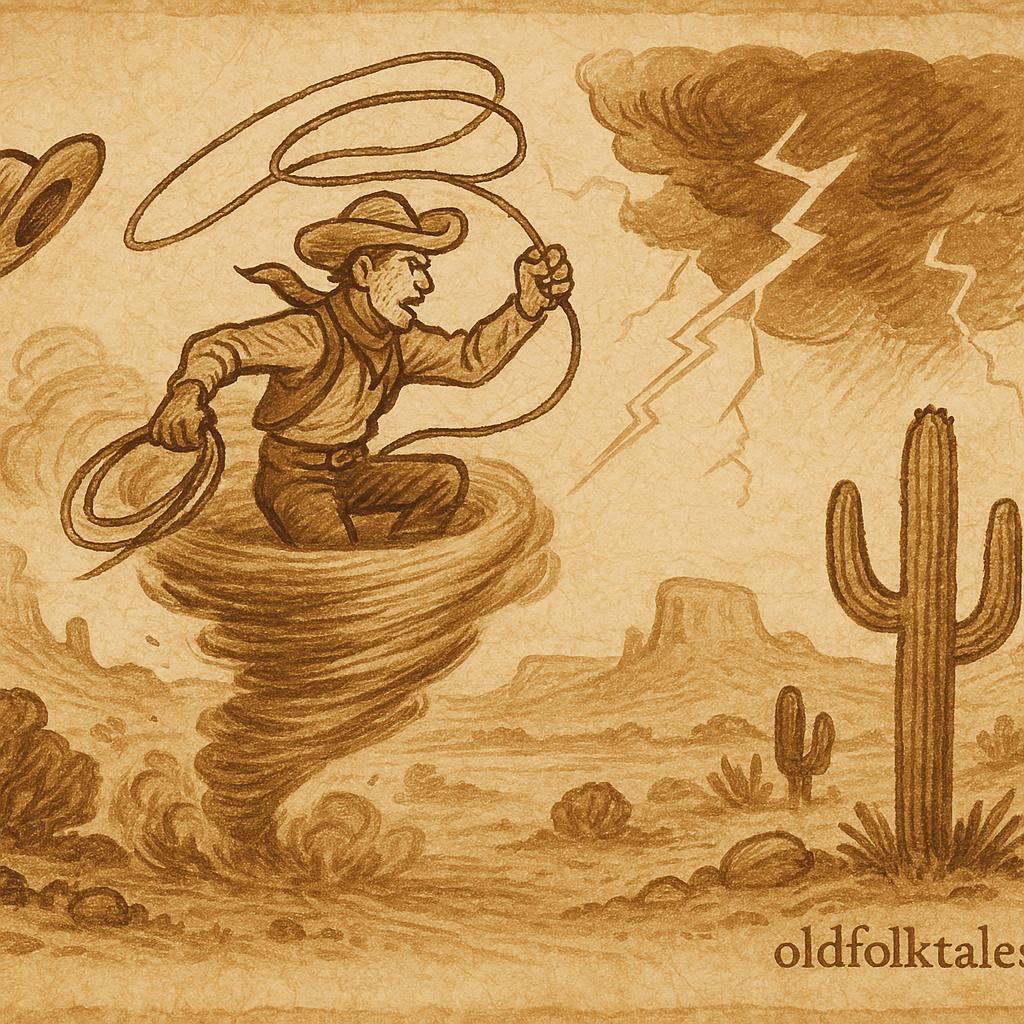Parchment-style artwork of Pecos Bill riding a cyclone across the Texas plains, American folktale scene.