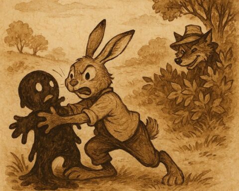 Parchment-style artwork of Brer Rabbit stuck to the Tar Baby while Brer Fox watches, African American folktale scene.