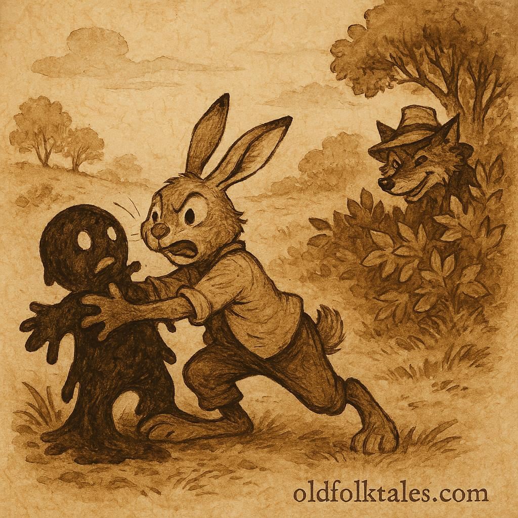 Parchment-style artwork of Brer Rabbit stuck to the Tar Baby while Brer Fox watches, African American folktale scene.