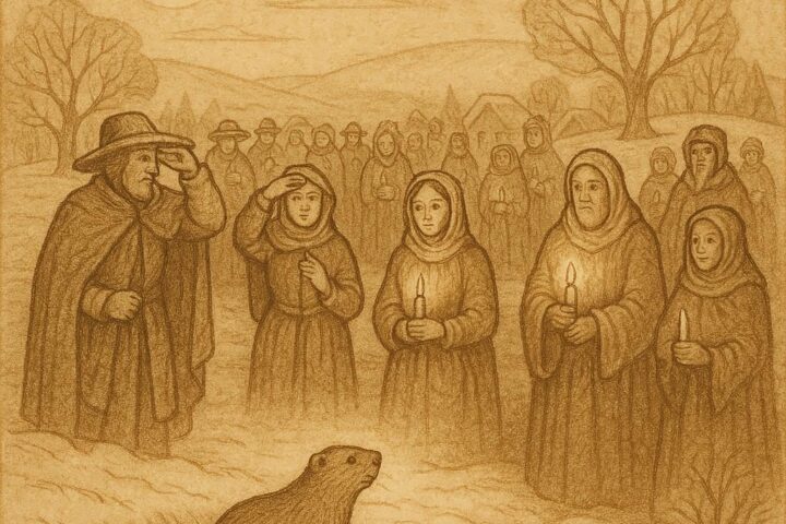 Parchment-style artwork of a groundhog emerging under winter sun, Pennsylvania Dutch folktale scene.