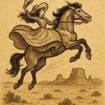 Parchment-style artwork of Slue-Foot Sue riding Widowmaker, Texas frontier folktale scene.
