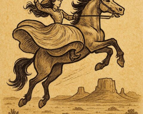 Parchment-style artwork of Slue-Foot Sue riding Widowmaker, Texas frontier folktale scene.