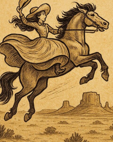 Parchment-style artwork of Slue-Foot Sue riding Widowmaker, Texas frontier folktale scene.