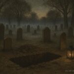 An old grave repeatedly disturbed in a rural nineteenth century American burial ground at dusk