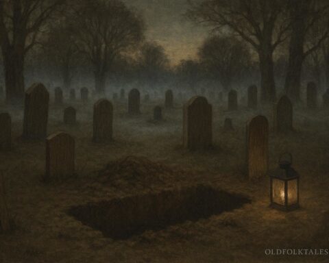 An old grave repeatedly disturbed in a rural nineteenth century American burial ground at dusk