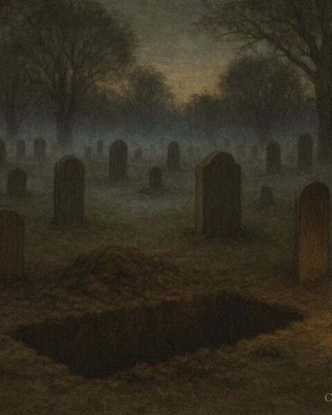 An old grave repeatedly disturbed in a rural nineteenth century American burial ground at dusk