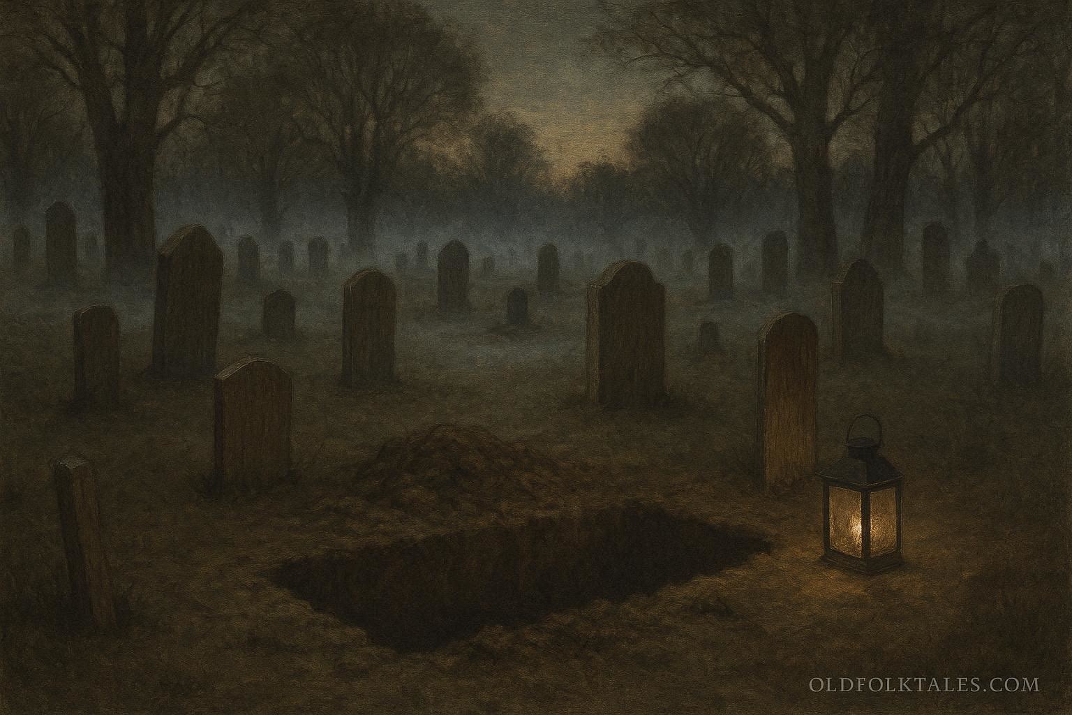 An old grave repeatedly disturbed in a rural nineteenth century American burial ground at dusk