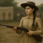 Annie Oakley calmly aiming a rifle during a 19th-century frontier shooting exhibition