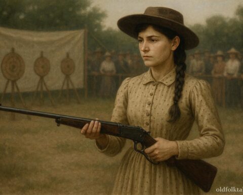 Annie Oakley calmly aiming a rifle during a 19th-century frontier shooting exhibition
