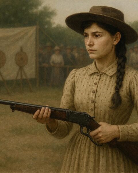 Annie Oakley calmly aiming a rifle during a 19th-century frontier shooting exhibition