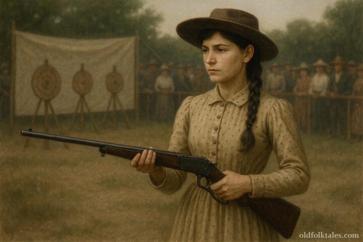 Annie Oakley calmly aiming a rifle during a 19th-century frontier shooting exhibition