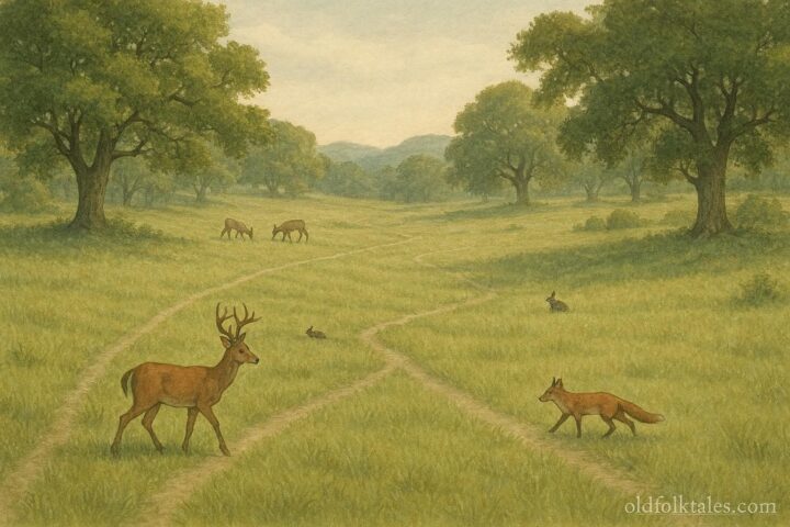 Eastern Woodland meadow with ash trails, deer, and small animals, showing ancient migration paths and fire stewardship.
