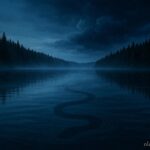 Twilight view of Bear Lake, Utah–Idaho, with mist, pine forests, and a serpentine shadow beneath the water symbolizing the legendary Bear Lake Monster