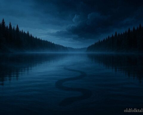 Twilight view of Bear Lake, Utah–Idaho, with mist, pine forests, and a serpentine shadow beneath the water symbolizing the legendary Bear Lake Monster