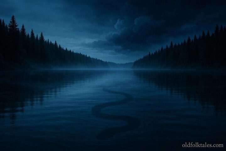 Twilight view of Bear Lake, Utah–Idaho, with mist, pine forests, and a serpentine shadow beneath the water symbolizing the legendary Bear Lake Monster