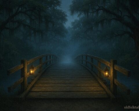 Twilight view of Bellamy Bridge in rural Florida with mist over the stream, aged wooden planks, and hanging Spanish moss, evoking lingering supernatural presence