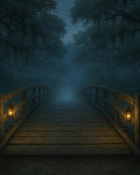 Twilight view of Bellamy Bridge in rural Florida with mist over the stream, aged wooden planks, and hanging Spanish moss, evoking lingering supernatural presence