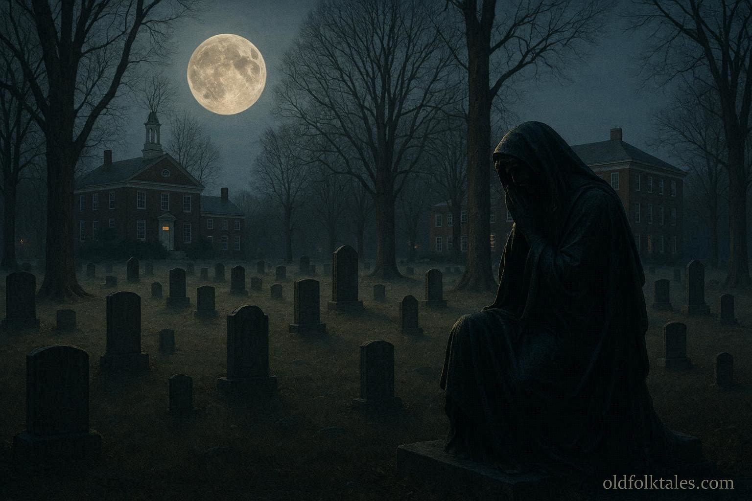 Black Aggie statue in a moonlit cemetery near a university campus