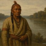 Black Hawk standing near the Mississippi River in traditional Sauk attire