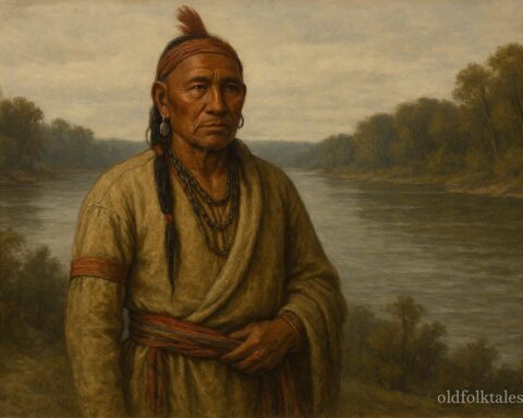 Black Hawk standing near the Mississippi River in traditional Sauk attire