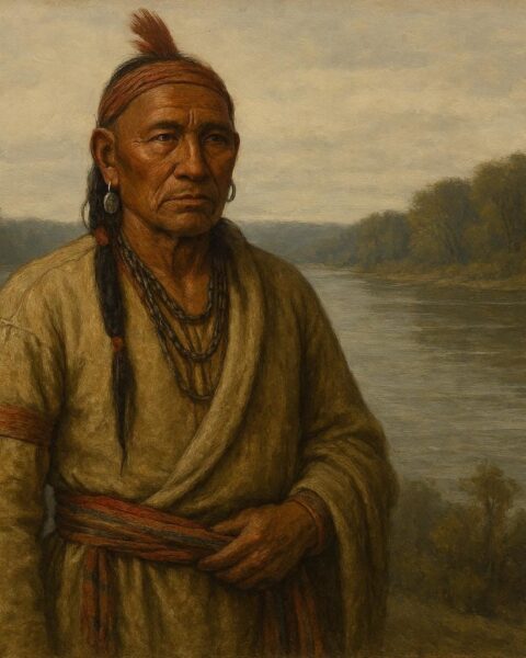 Black Hawk standing near the Mississippi River in traditional Sauk attire