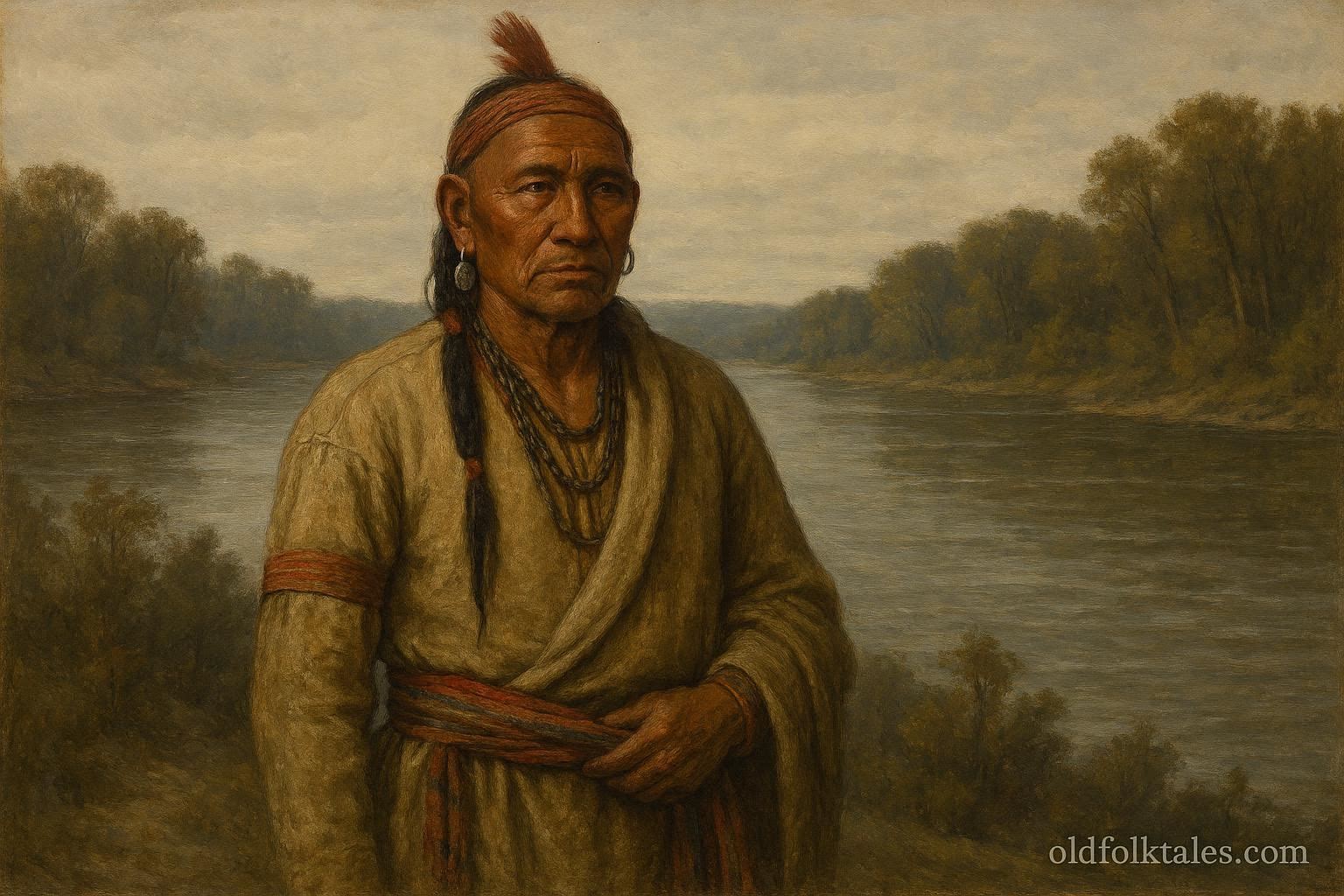 Black Hawk standing near the Mississippi River in traditional Sauk attire