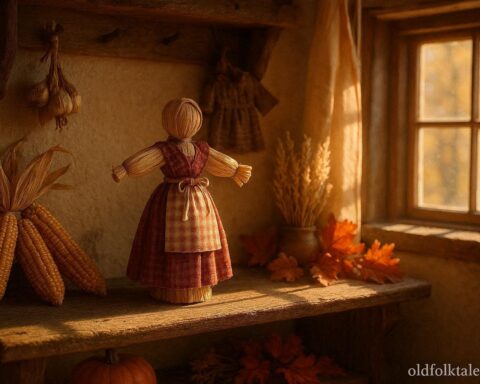 Corn doll made of dried corn husks on a farmhouse shelf surrounded by autumn harvest decorations