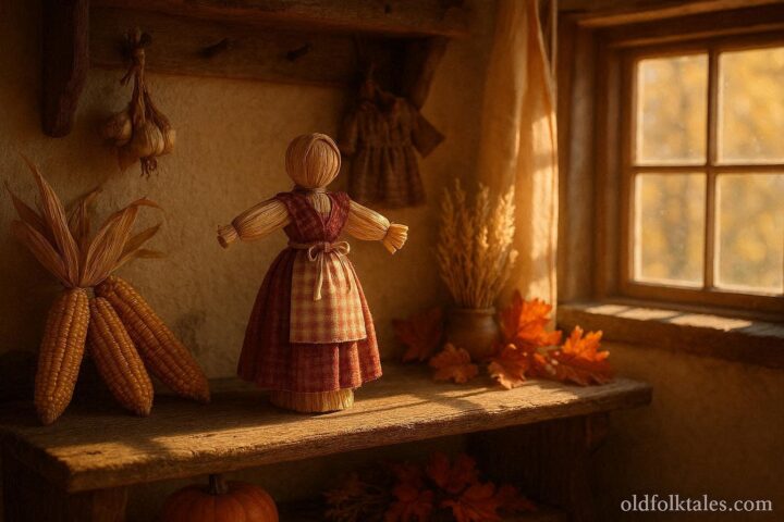 Corn doll made of dried corn husks on a farmhouse shelf surrounded by autumn harvest decorations