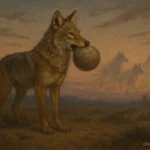 Coyote holding a cracked stone that brings mortality into the world.