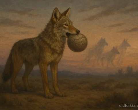 Coyote holding a cracked stone that brings mortality into the world.