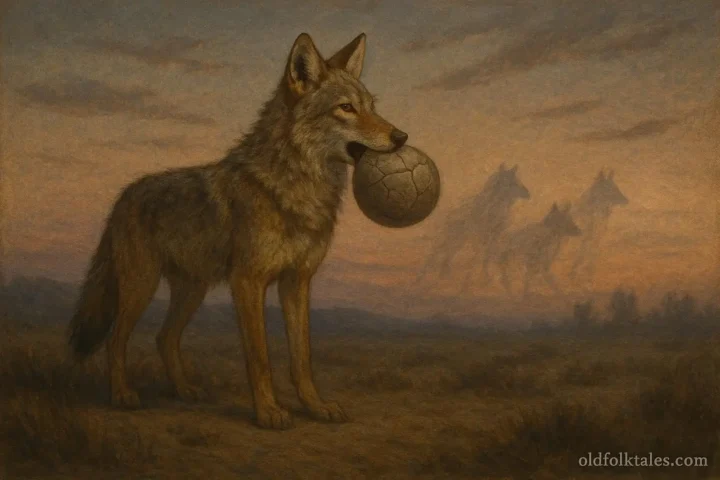 Coyote holding a cracked stone that brings mortality into the world.