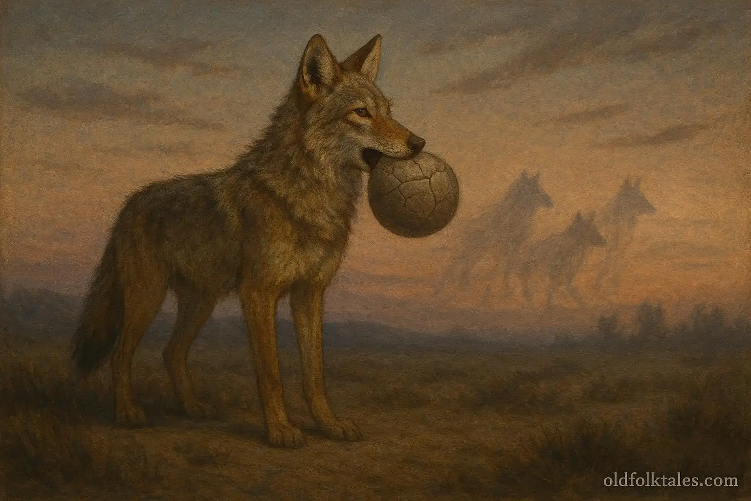 Coyote holding a cracked stone that brings mortality into the world.