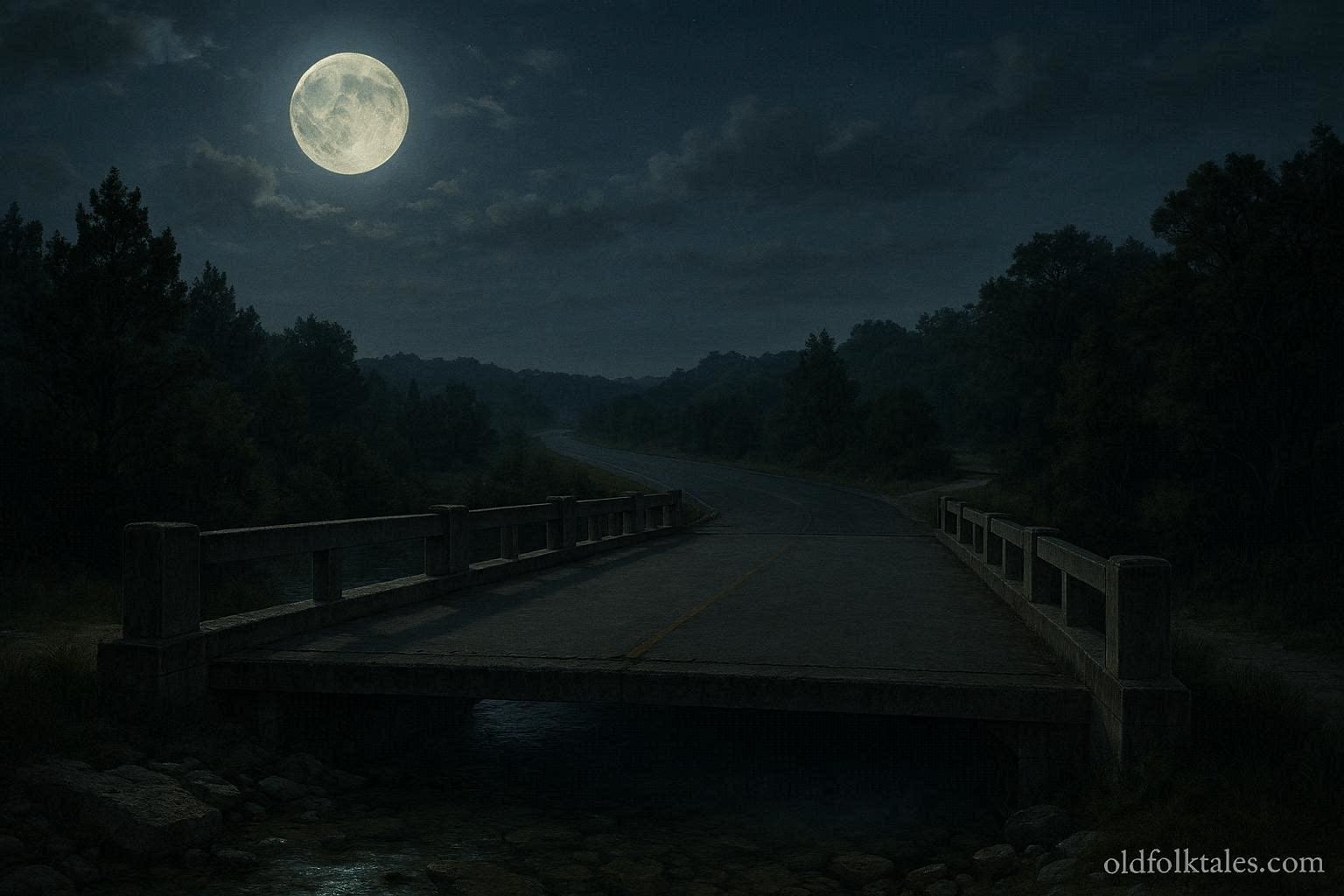 Isolated Texas Hill Country bridge at night associated with crying baby legend
