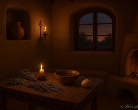 Traditional curanderismo healing setup with herbs, candle, and ritual objects in a Southwestern home
