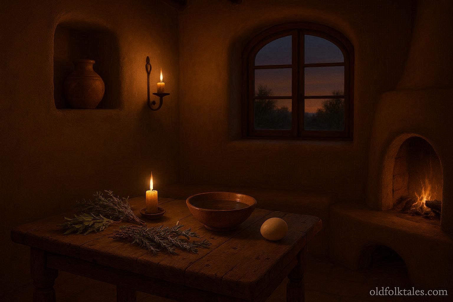 Traditional curanderismo healing setup with herbs, candle, and ritual objects in a Southwestern home