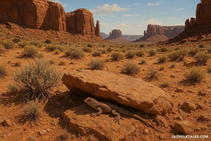 Desert lizard resting on a shaded rock in the American Southwest, illustrating adaptation and survival in extreme heat.