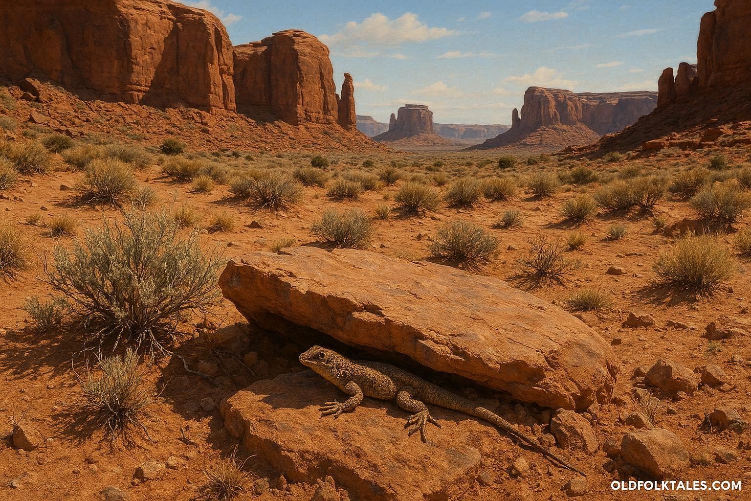 Desert lizard resting on a shaded rock in the American Southwest, illustrating adaptation and survival in extreme heat.