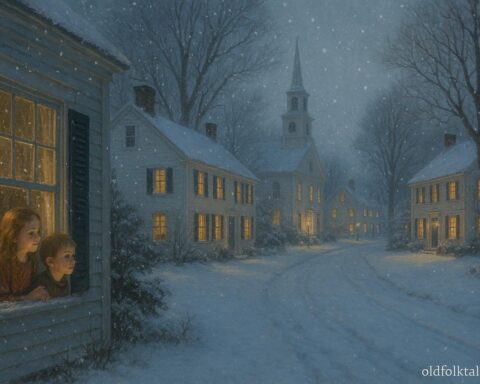 Quiet New England village during first snowfall, children inside observing snow, streets blanketed in white, warm lights from homes