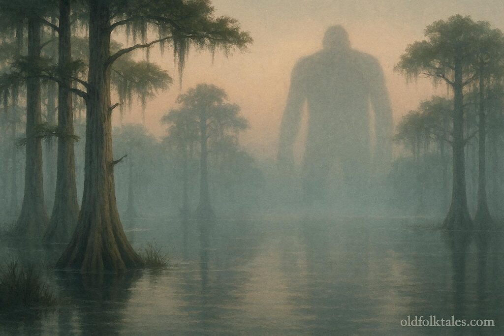 Misty Arkansas swamp at dawn with cypress trees and calm water, suggesting the folklore setting of the Fouke Monster
