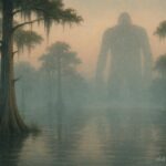 Misty Arkansas swamp at dawn with cypress trees and calm water, suggesting the folklore setting of the Fouke Monster