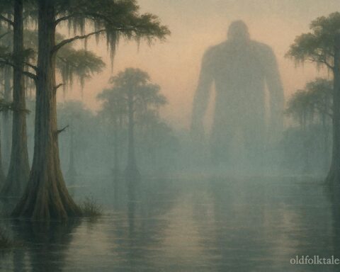 Misty Arkansas swamp at dawn with cypress trees and calm water, suggesting the folklore setting of the Fouke Monster